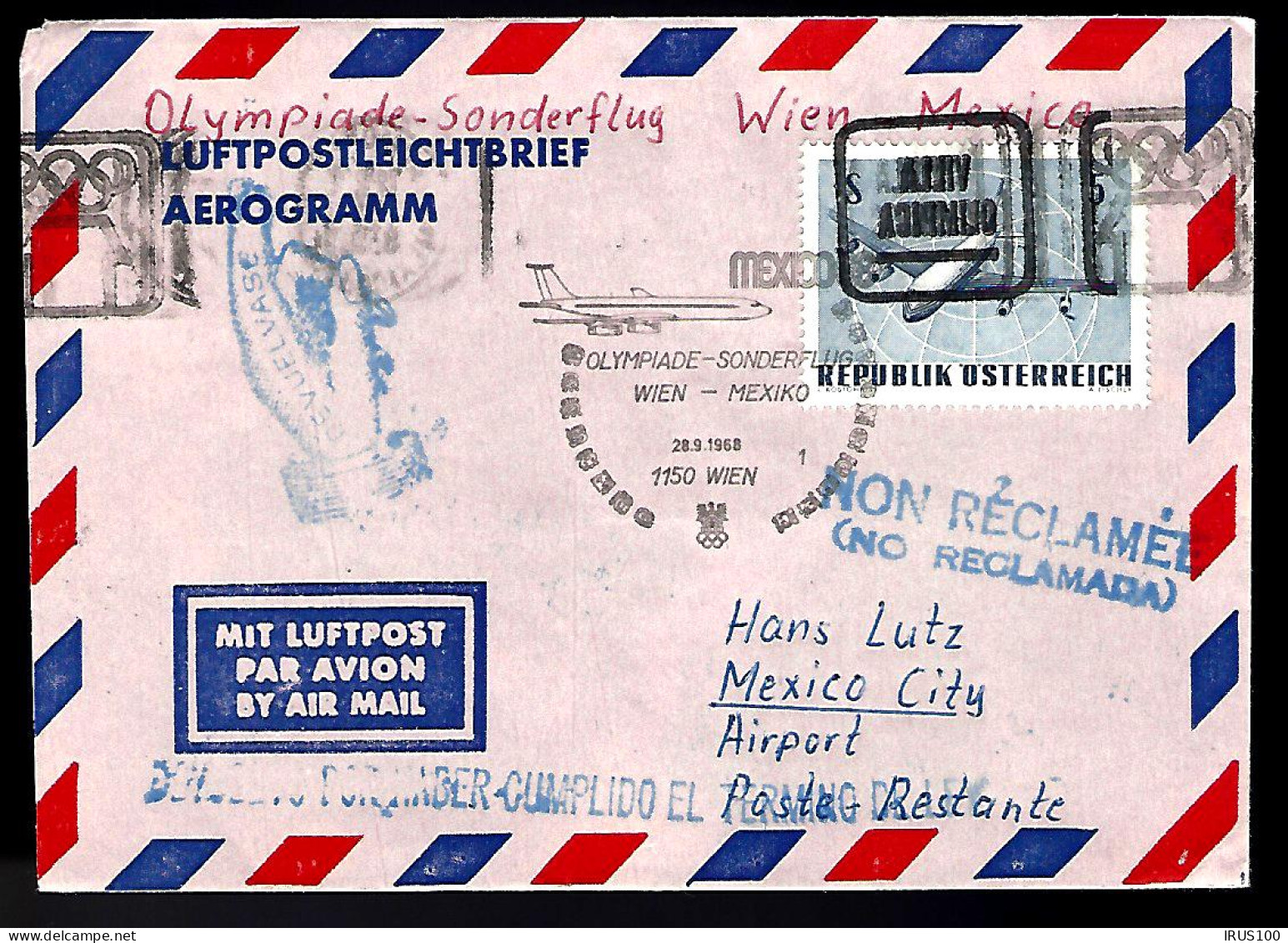 AÉROGRAMME - VOL SPÉCIAL OLYMPIADES / WIEN - MEXICO - 28 SEPTEMBRE 1968 - NON RÉCLAMÉ -  - Estate 1968: Messico