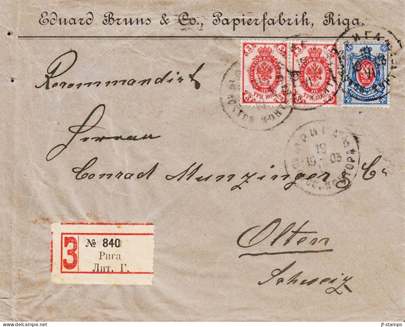 1903. RUSSIA  LATVIJA. Interesting Registered Envelope To Olten, Schweiz With Pair 3 KOP And 14 KOP Cancel... - JF543759 - Letonia