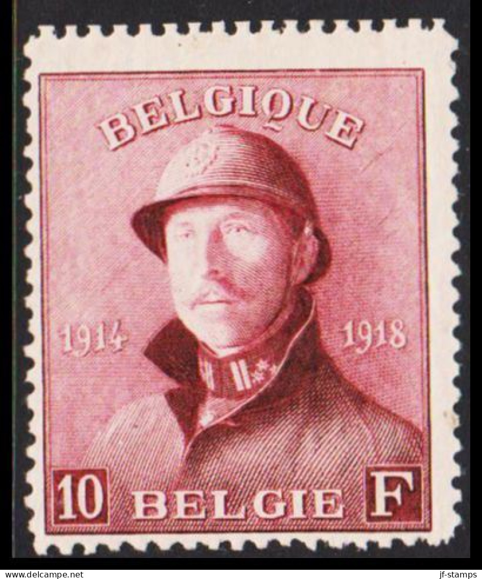 1910. BELGIE Albert I. With Helmet. 10 F Beautifully Centered And Perforated HINGED Stamp. Ra... (Michel 158) - JF543765 - 1915-1920 Albert I