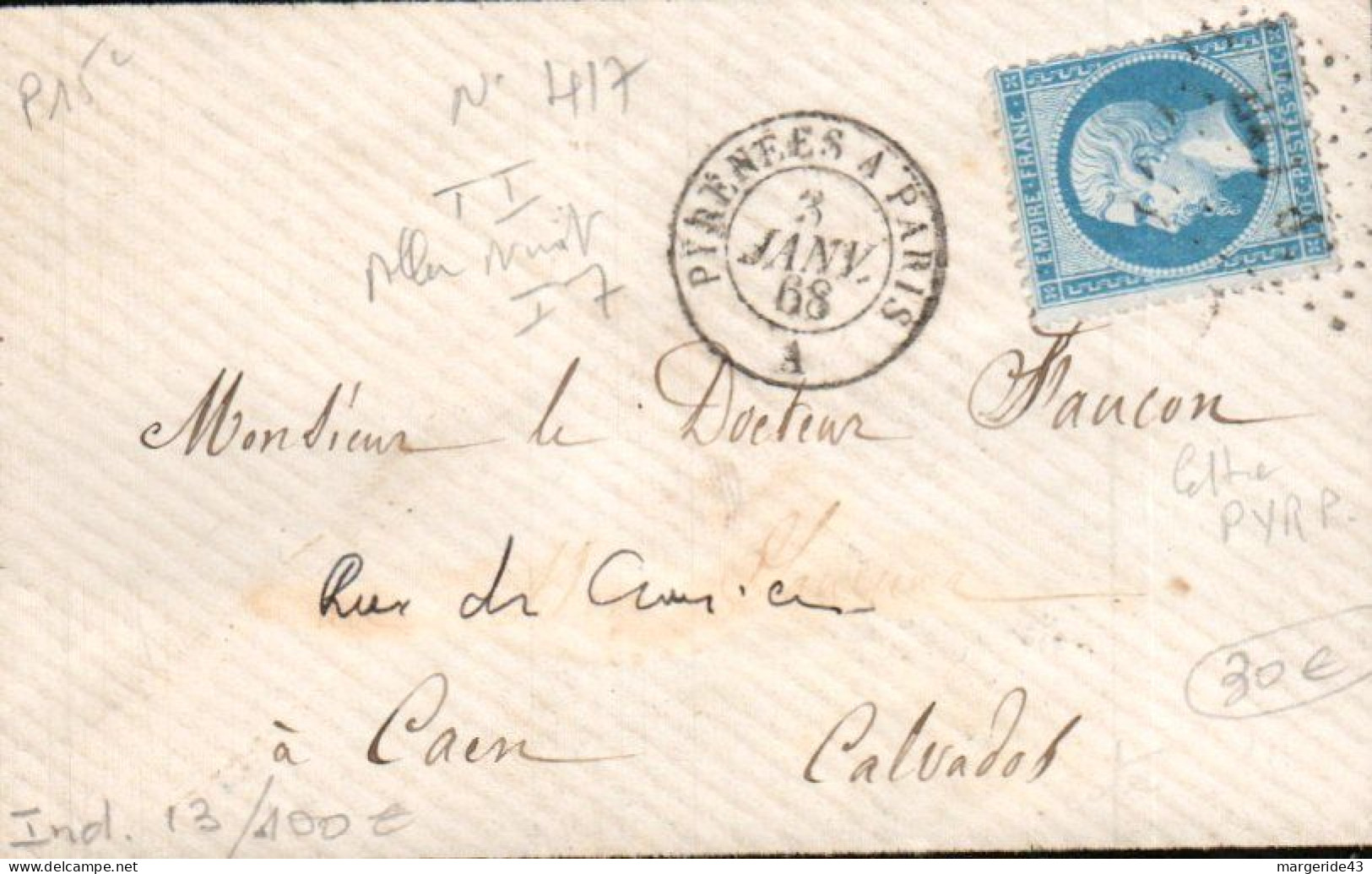 AMBULANT DES PYRENEES A PARIS -A- 1868 - Bahnpost