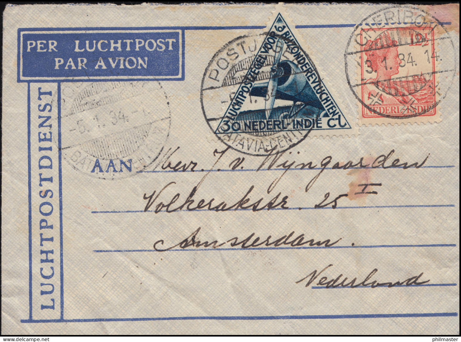 KLM-Flugpost Postjager/Batavia 5.1.34 Nach Amsterdam Bf. 143+195 CHERIBON 3.1.34 - Poste Aérienne