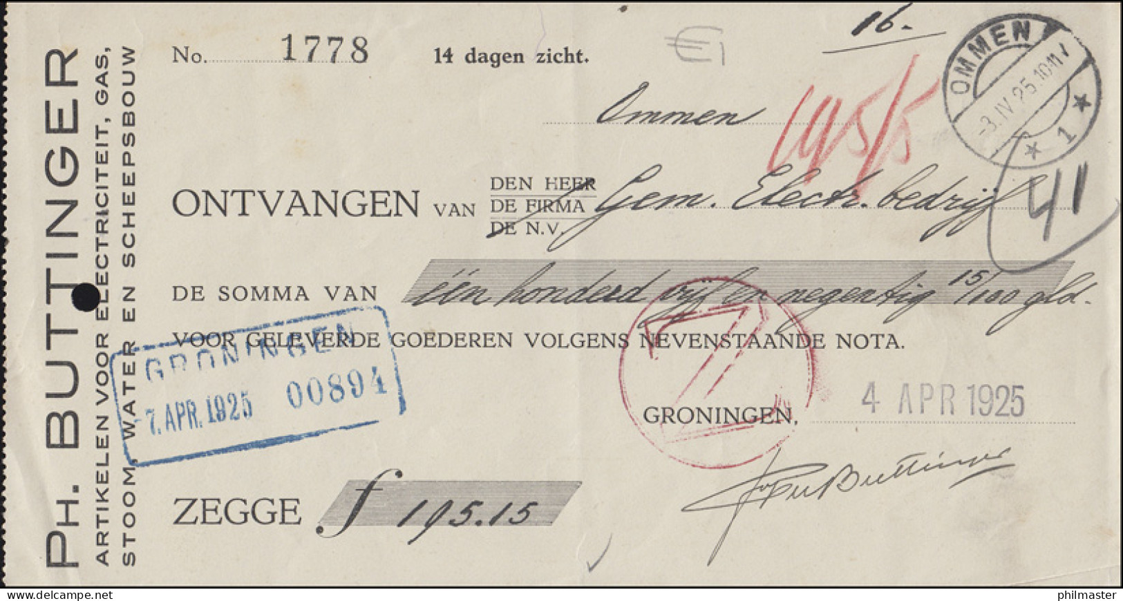 Niederlande Zahlschein OMMEN 3.4.25 Von Groningen 4./7.4.1925 & Roter Z-Stempel - Coins