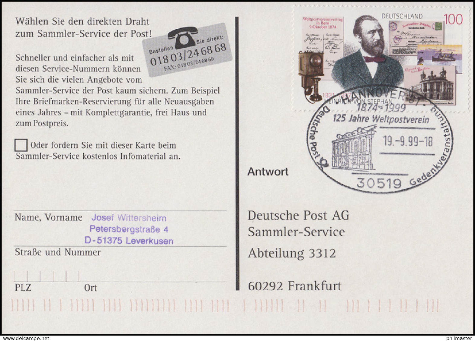 1912 Heinrich Von Stephan, AK Reichspostamt SSt Hannover Weltpostverein 19.9.99 - U.P.U.