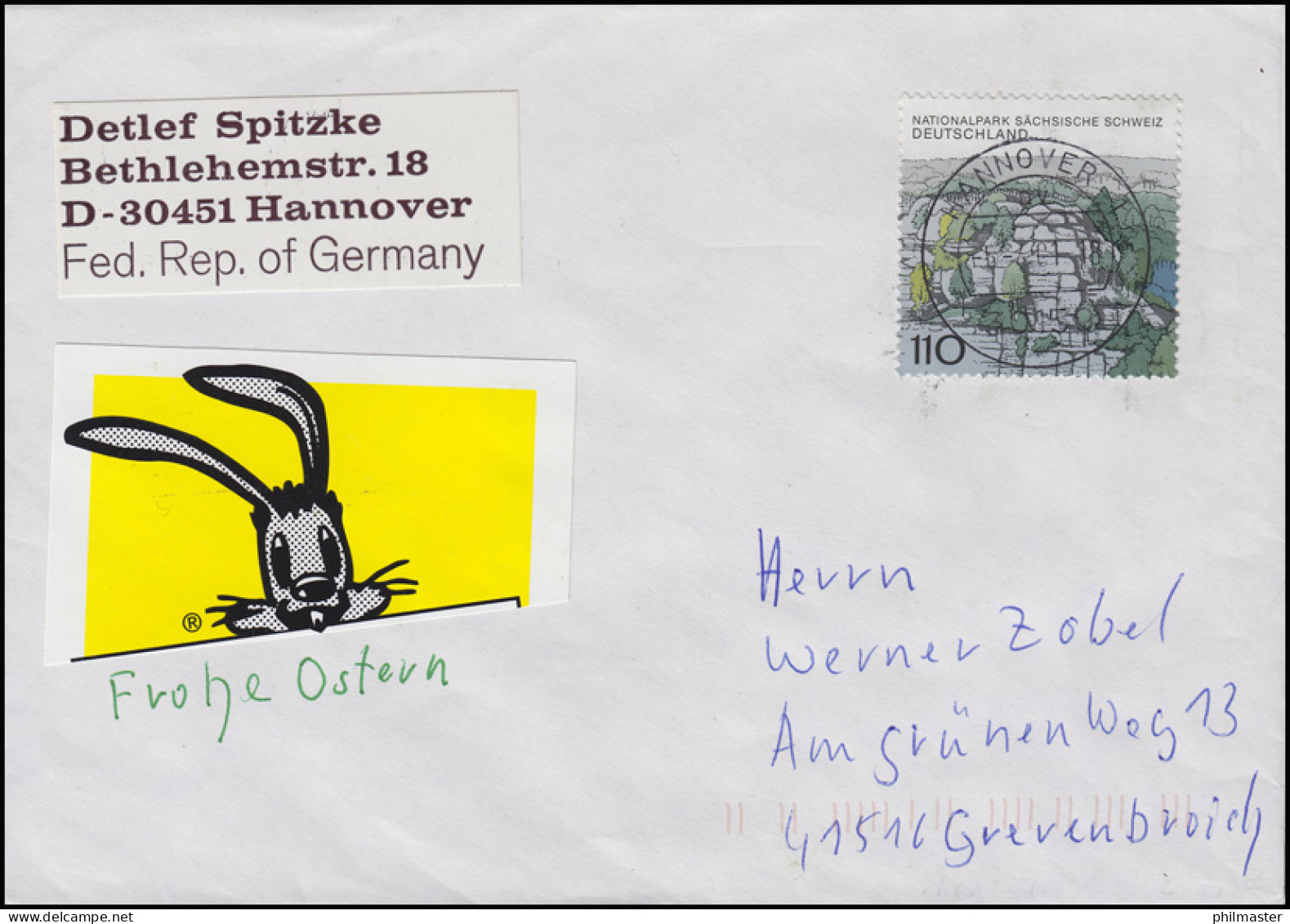 1997 Sächsische Schweiz 110 Pf. Elbsandsteingebirge EF Brief Hannover 5.4.2001 - Protección Del Medio Ambiente Y Del Clima