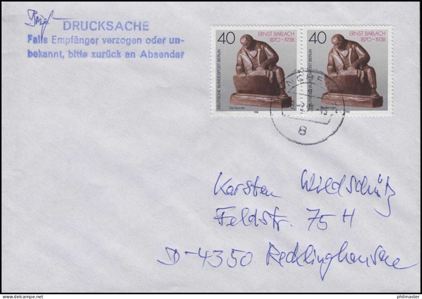 823 Barlach 2x 40 Pf Paar MeF Briefdrucksache MÜNCHEN 18.2.91 N. Recklinghausen - Cartas & Documentos