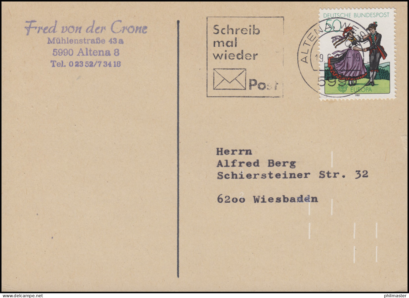 1096 Europa/CEPT 50 Pf EF Postkarte ALTENA 10.6.81 Mit Weißer 8-Strich-Codierung - Post