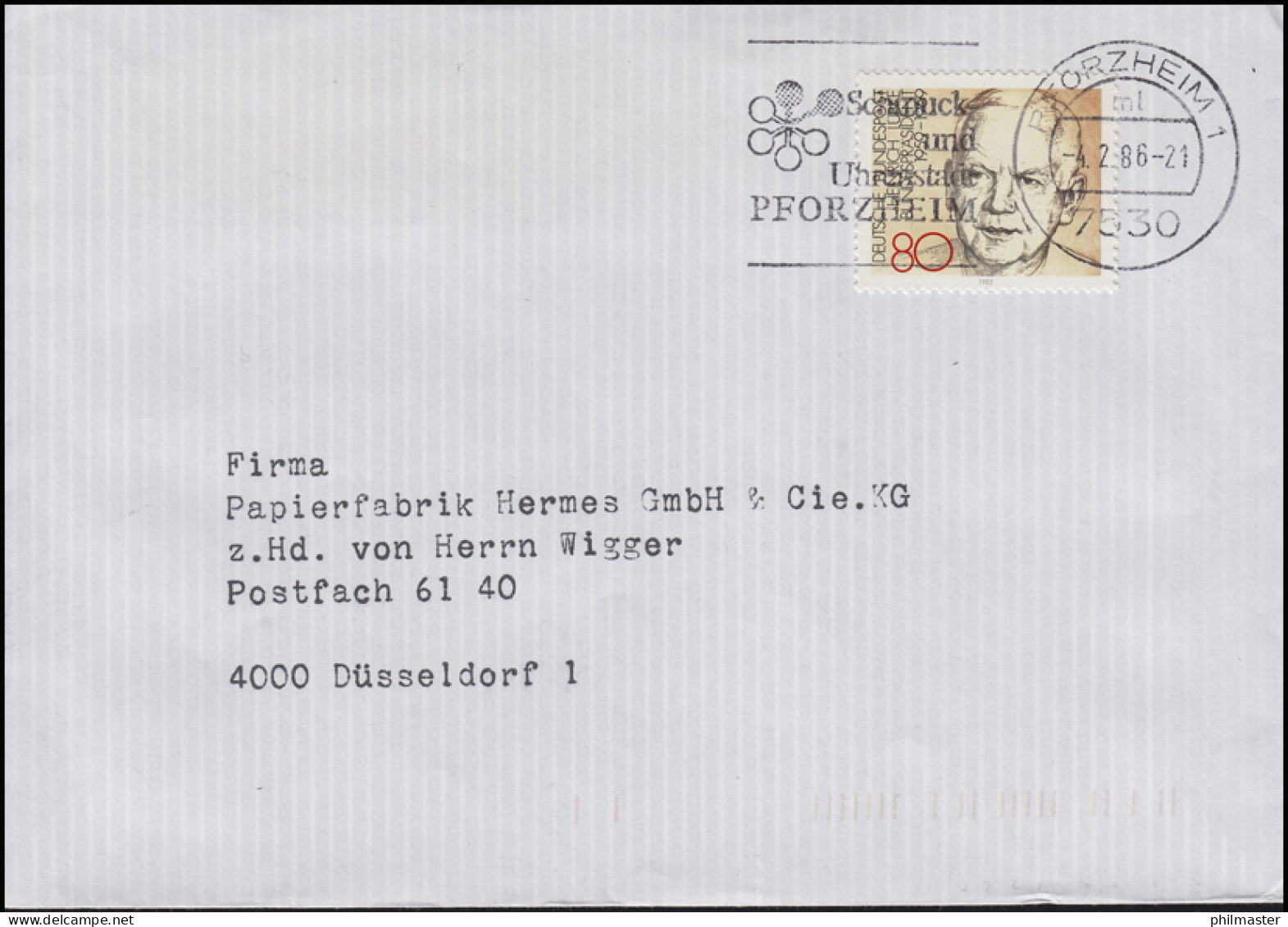 1157 Lübke EF Brief Pforzheim Schmuck- Und Uhrenstadt 4.2.86 Nach Düsseldorf - Clocks