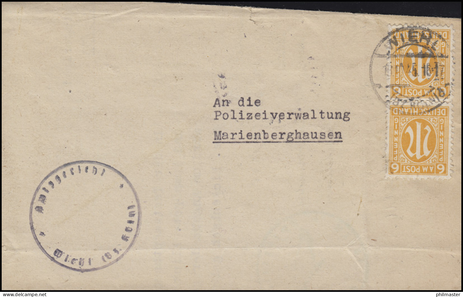 AM-Post 2x 6 Pf. Bf. Amtsgericht Wiehl / Bz. Köln 18.10.45 Nach Marienberghausen - Politie En Rijkswacht