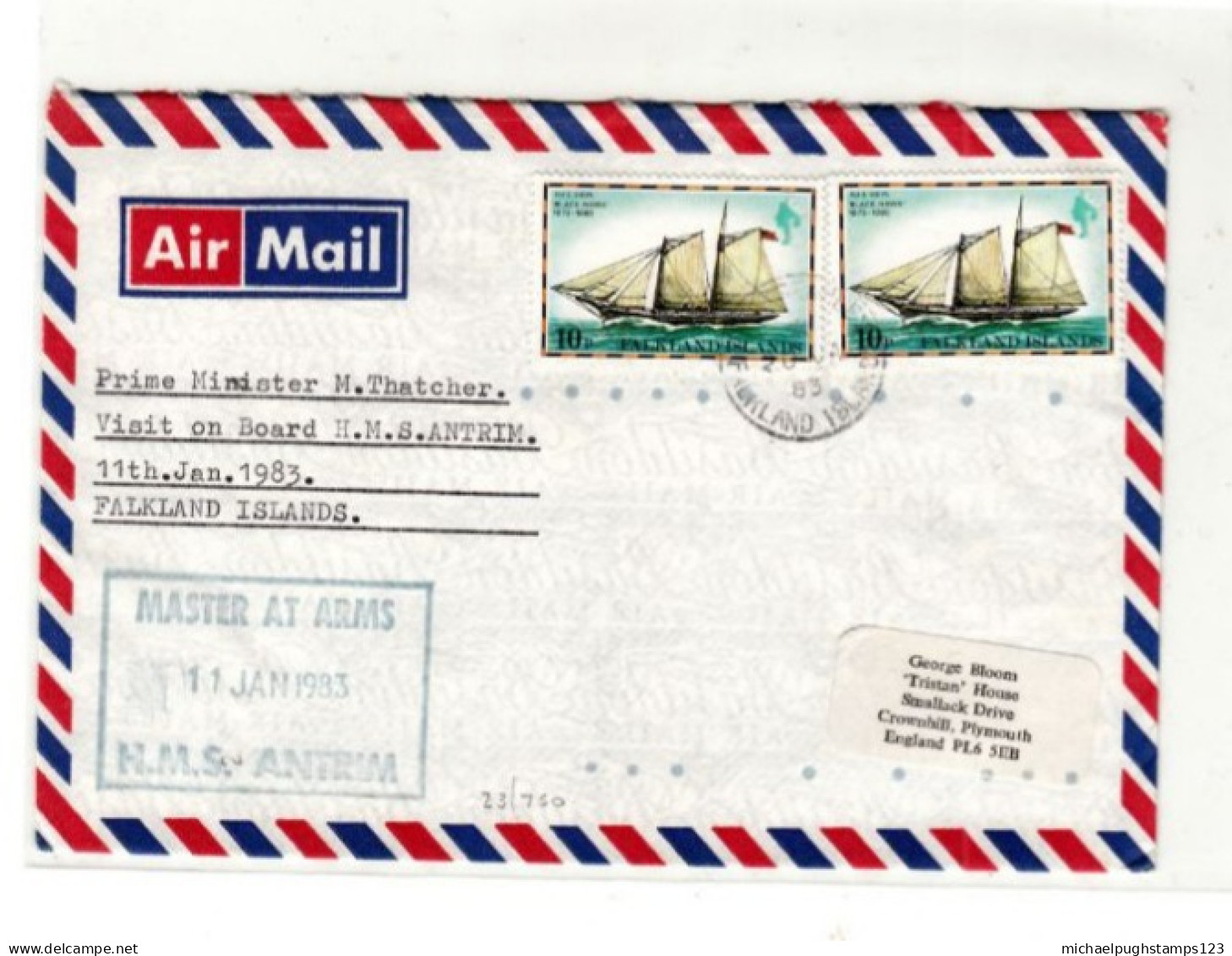 Falkland Islands / Airmail / Margaret Thatcher / H.M.S. Antrim - Falkland