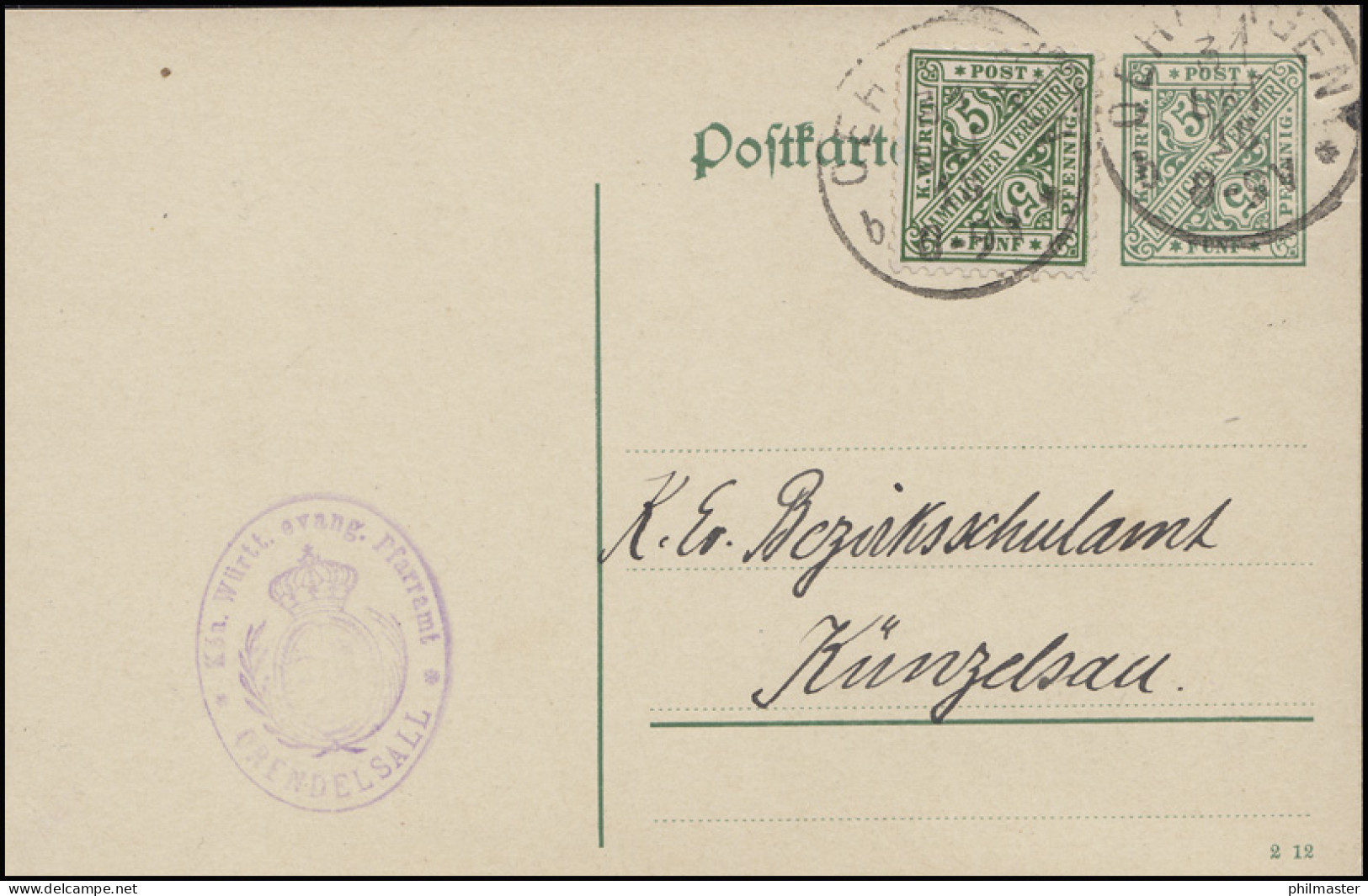 Württemberg DP 43 I B/02 Dienst-PK + Zufrankatur OEHRINGEN 31.10.18 N. Künzelsau - Postal  Stationery