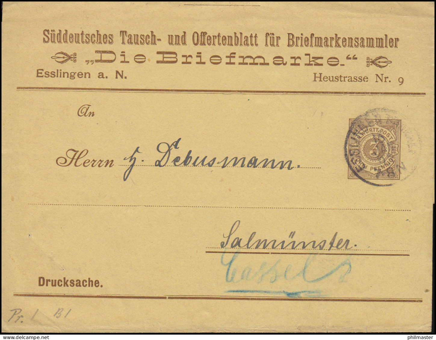 Württemberg PS 2 Ziffer 3 Pf. Braun Drucksache Die Briefmarke ESSLINGEN 16.1.95 - Enteros Postales