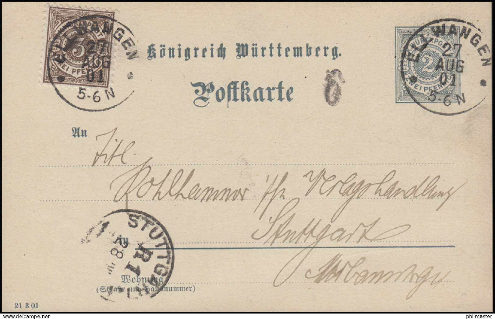 Württemberg Postkarte P 41 Ziffer 2 Pf + Zusatzfr. DV: 21 3 01 ELLWANGEN 27.8.01 - Interi Postali