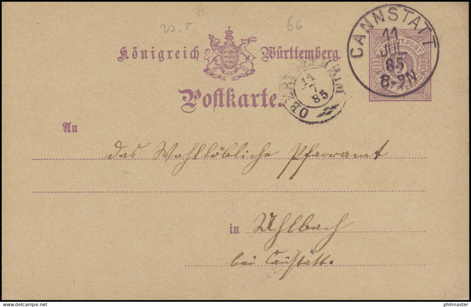 Württemberg P 26I Ziffer 5 Pf. CANNSTATT 11.7.85 Nach OBERTÜRKHEIM 11.7.85 - Postal  Stationery