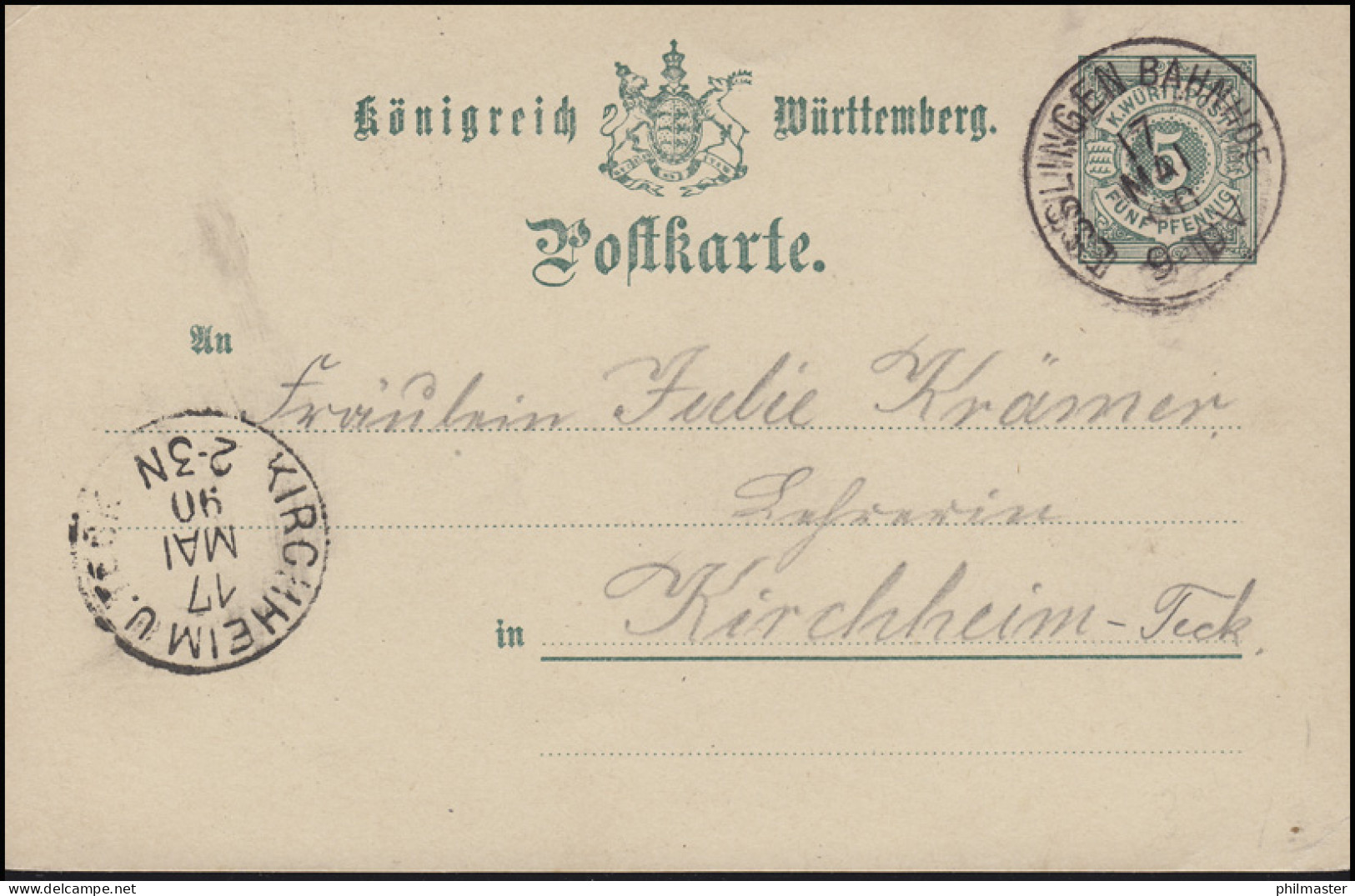 Württemberg P 34 Ziffer 5 Pf Ohne DV, ESSLINGEN BAHNHOF17.5.90 Nach KIRCHHEIM - Postal  Stationery