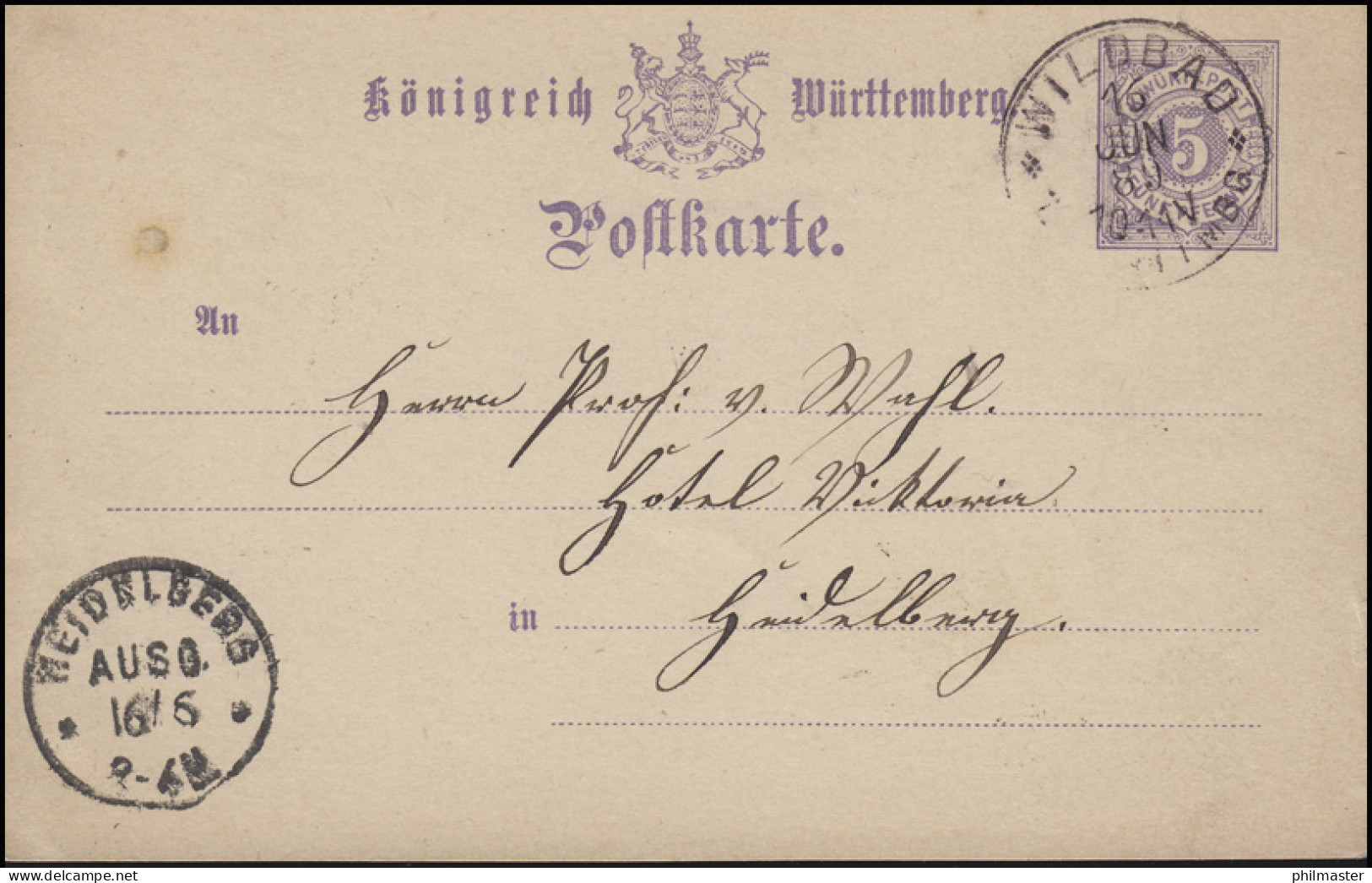 Württemberg P 30 Ziffer 5 Pf. WILDBAD In WÜRTTMBG 16.6.89 Nach HEIDELBERG 16.6. - Postal  Stationery