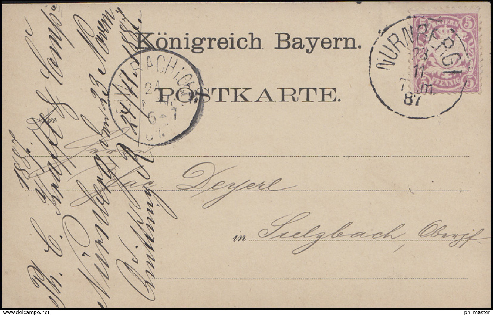 Bayern Wappen 5 Pf Purpur EF Postkarte NÜRNBERG I. 23.11.87 Nach SULZBACH 24.11. - Altri & Non Classificati