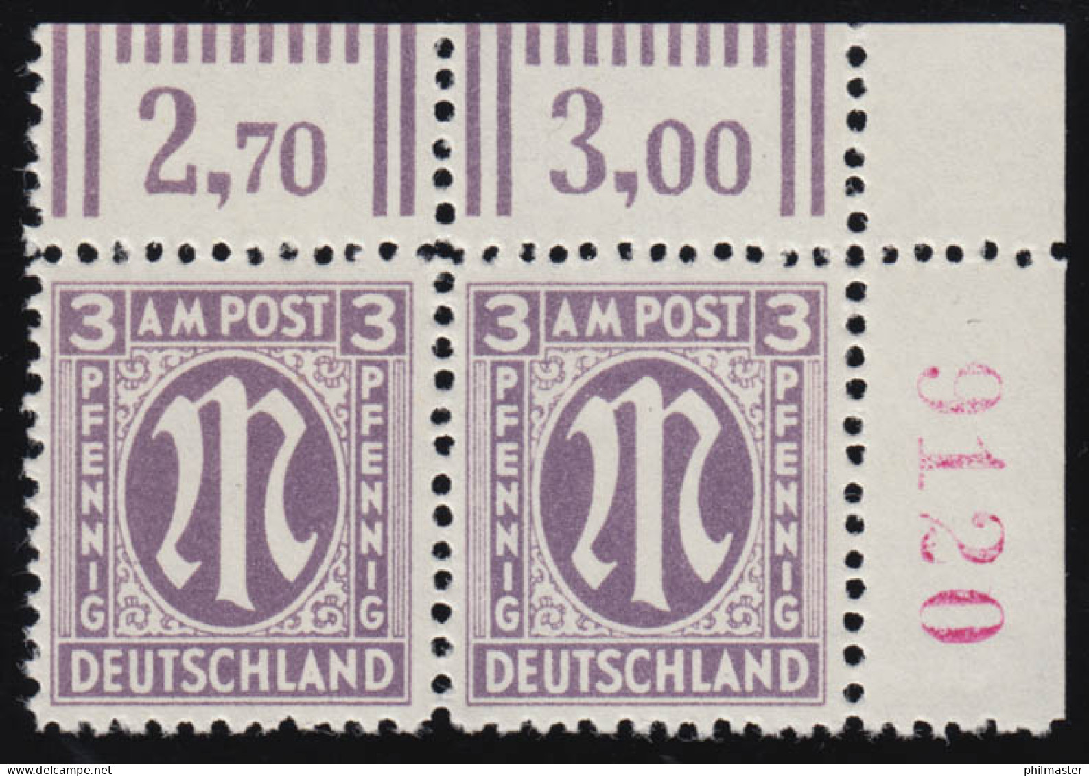 17aD Zr4 AM-Post 3 Pf Ecke, Rote Bogenzählnummer, Ungefaltet, ** Gummiflecken - Mint