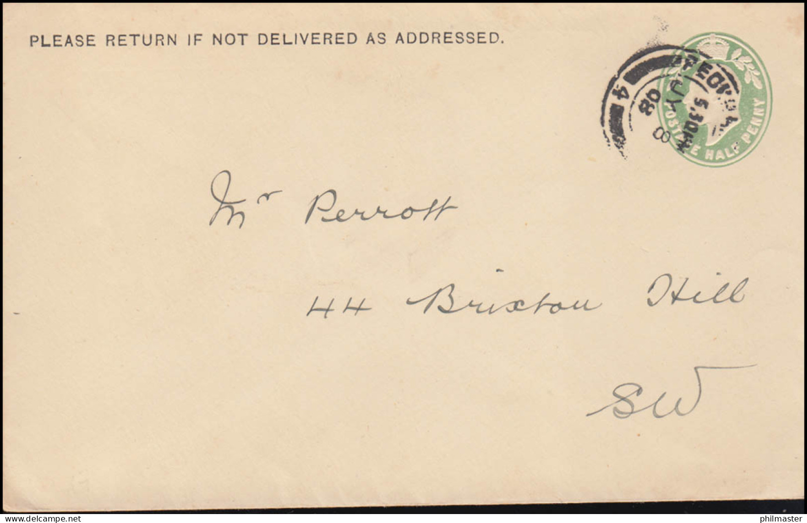 Großbritannien Umschlag König Edward VII. Halfpenny Hellgrün, London 8.8.1908 - Petrolio