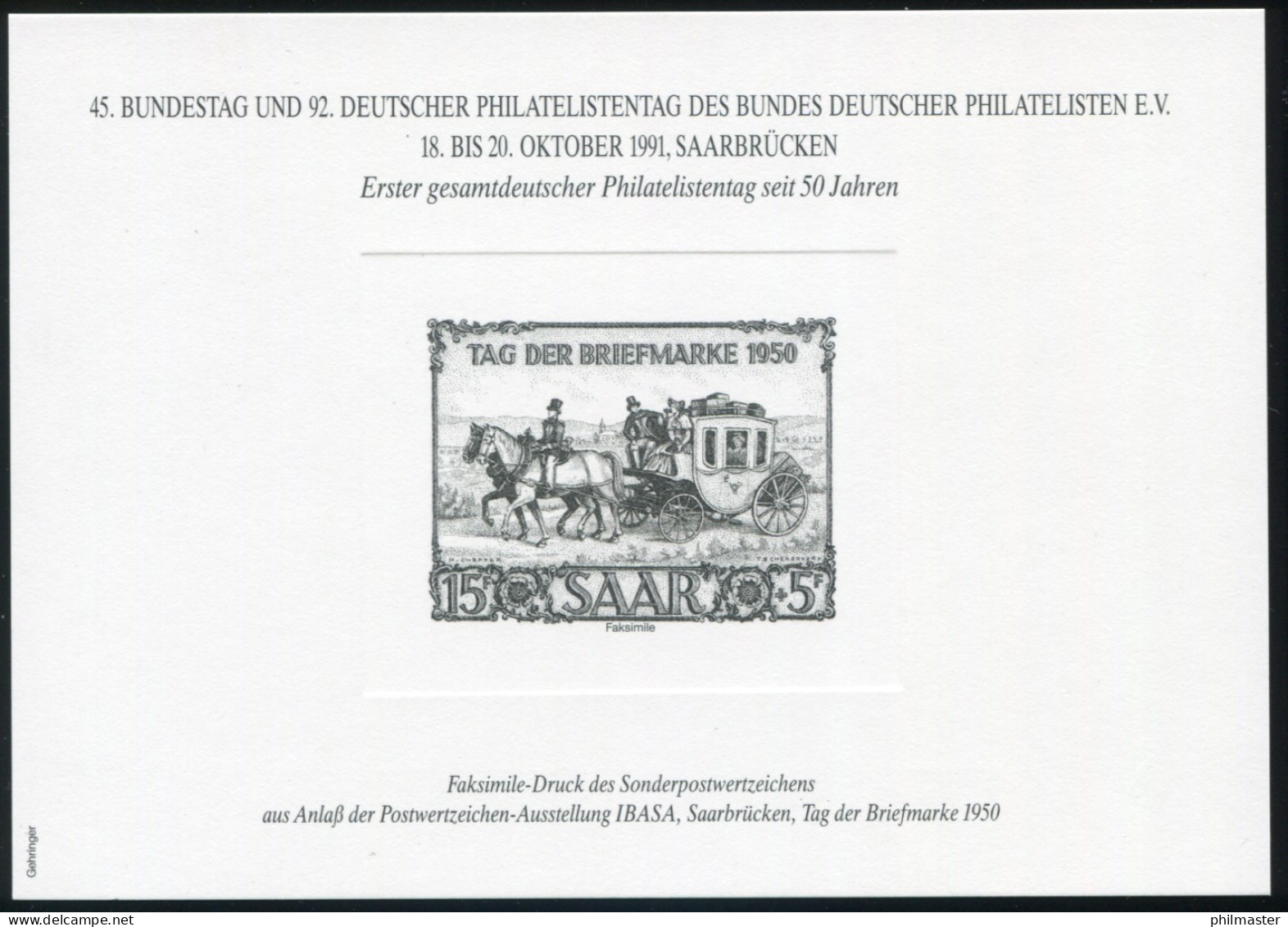 Sonderdruck Saarland 291 Tag Der Briefmarke 1950 - FAKSIMILE 1991 148x105 Mm - Posta Privata & Locale