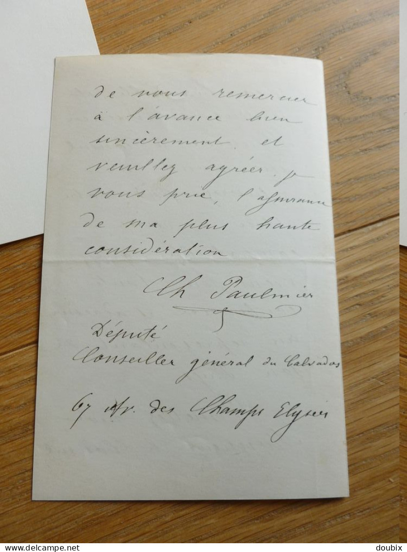 Charles PAULMIER (1848-1907) Député Falaise CAEN Calvados. BRETTEVILLE sur LAIZE. 2 x Autographe