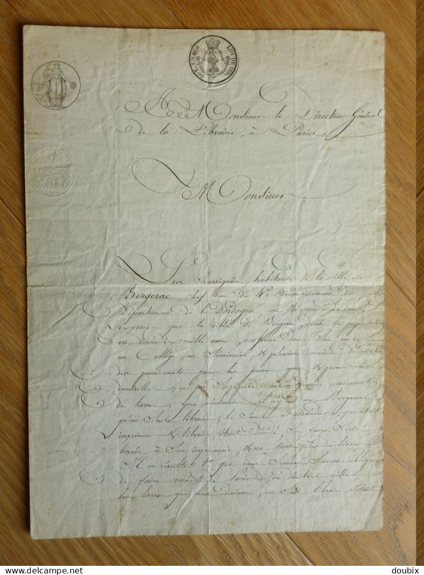 BERGERAC Dordogne (1825) Libraire Licence LIBRAIRIE. Adresse Au DIRECTEUR Gal De LA LIBRAIRIE à Paris - Historical Figures