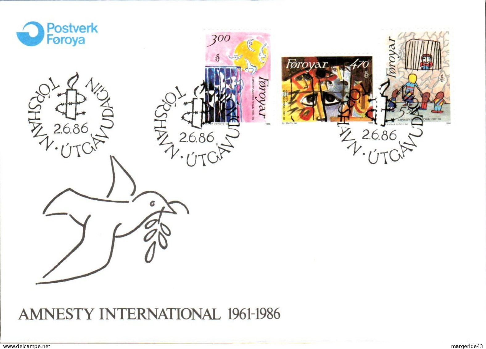 FEROE FDC 1986 25 ANS AMNESTY INTERNATIONAL - Färöer Inseln