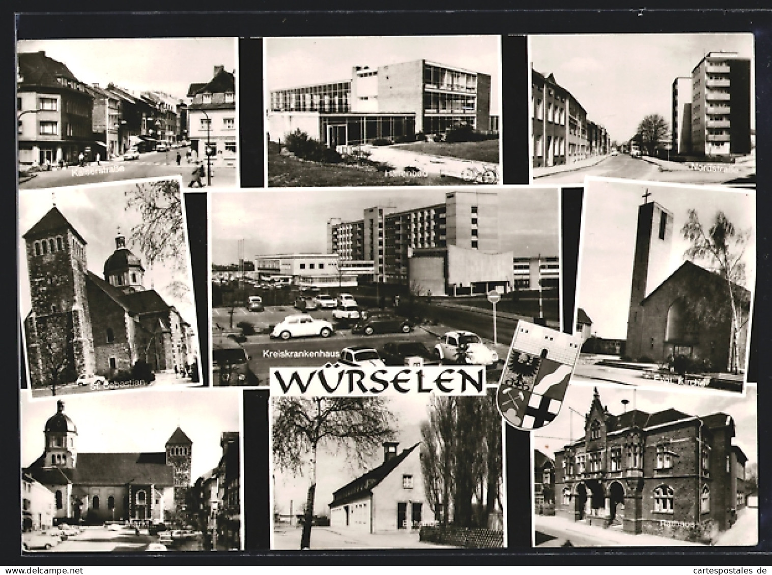 AK Würselen, Kaiserstrasse, St. Sebastian, Markt, Hallenbad, Nordstrasse, Kreiskrankenhaus, Rathaus, Bahnhof, Ev. Kir  - Würselen
