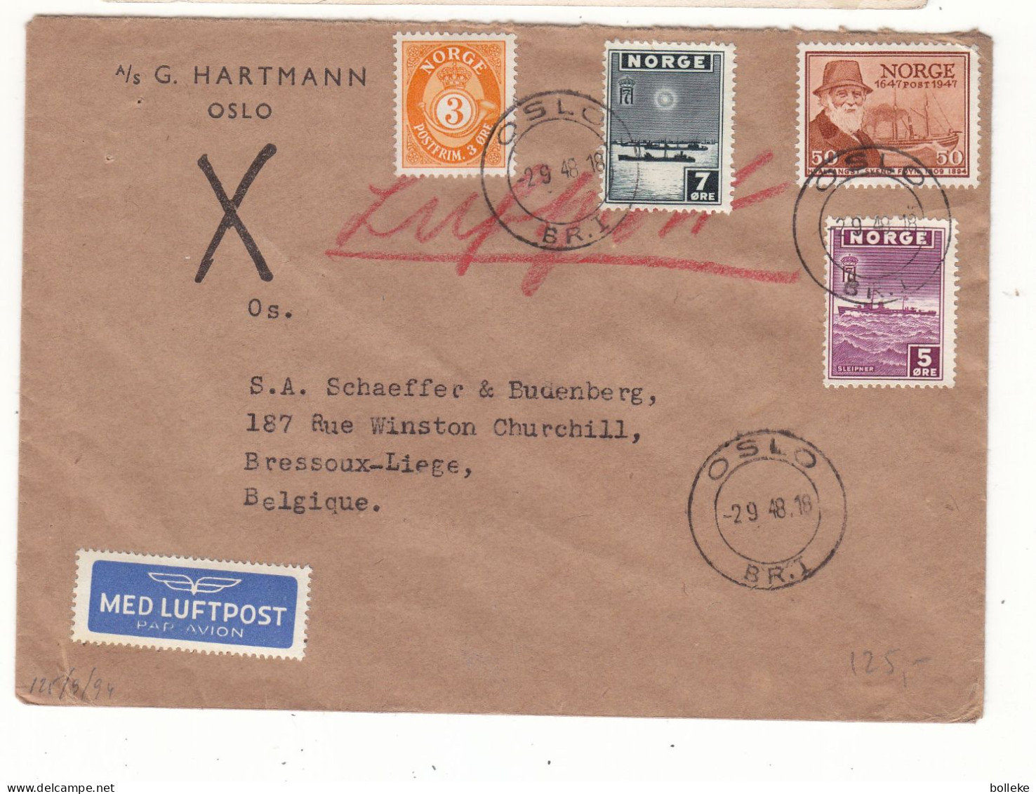 Norvège - Lettre De 1948 - Oblit Oslo - Exp Vers Bressoux Liège - Bateaux - Valeur 17,50 € En ....2008 - - Lettres & Documents