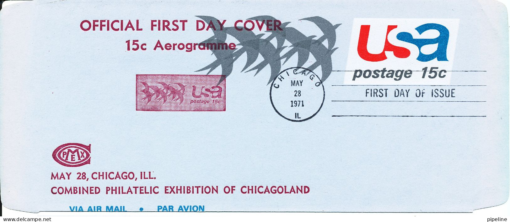 USA Aerogramme FDC Chicago 28-5-1971 Combined Philatelic Exhibition Of Chicagoland - Andere & Zonder Classificatie