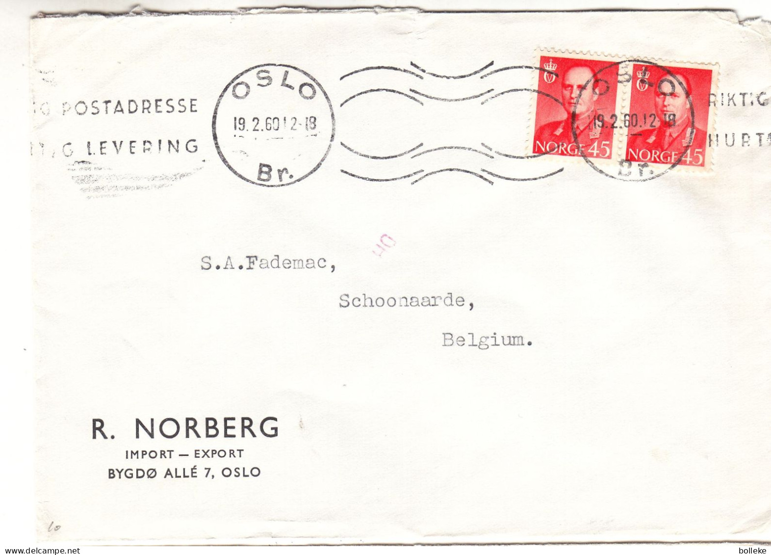 Norvège - Lettre De 1960 - Oblit Oslo - Exp Vers Schoonaarde - - Covers & Documents