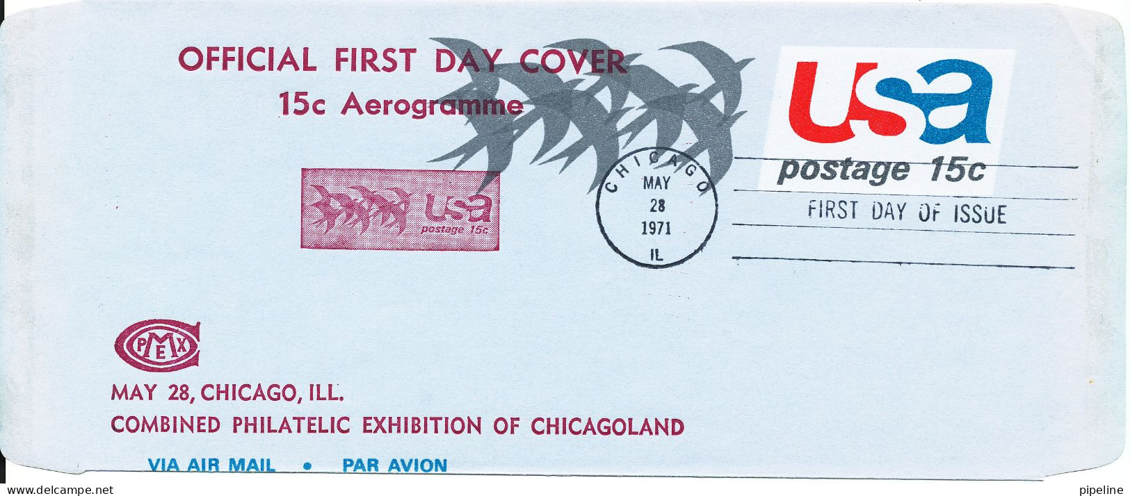 USA Aerogramme FDC Chicago 28-5-1971 Combined Philatelic Exhibition Of Chicagoland - Sonstige & Ohne Zuordnung