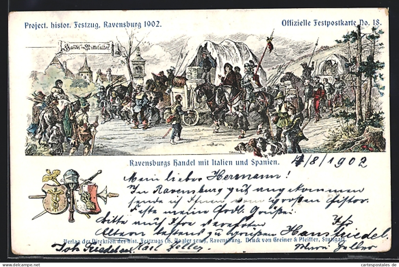AK Ravensburg, Histor. Festzug Ravensburg 1902, Ravensburgs Handel Mit Italien Und Spanien, Wappen  - Ravensburg