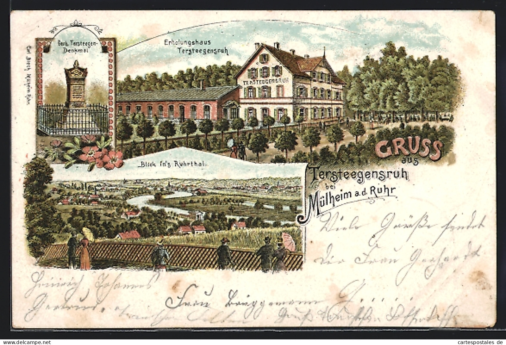 Lithographie Mülheim A. D. Ruhr, Erholungshaus Tersteegenruh, Gerh. Tersteegen-Denkmal, Panorama  - Muelheim A. D. Ruhr