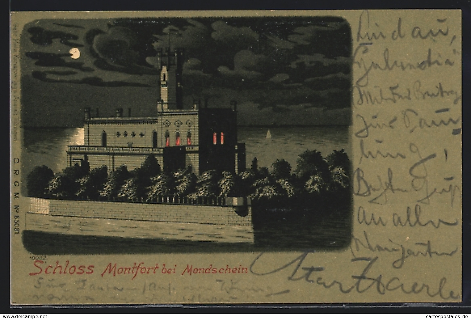 Lithographie Langenargen, Schloss Montfort Im Mondschein  - Langenargen