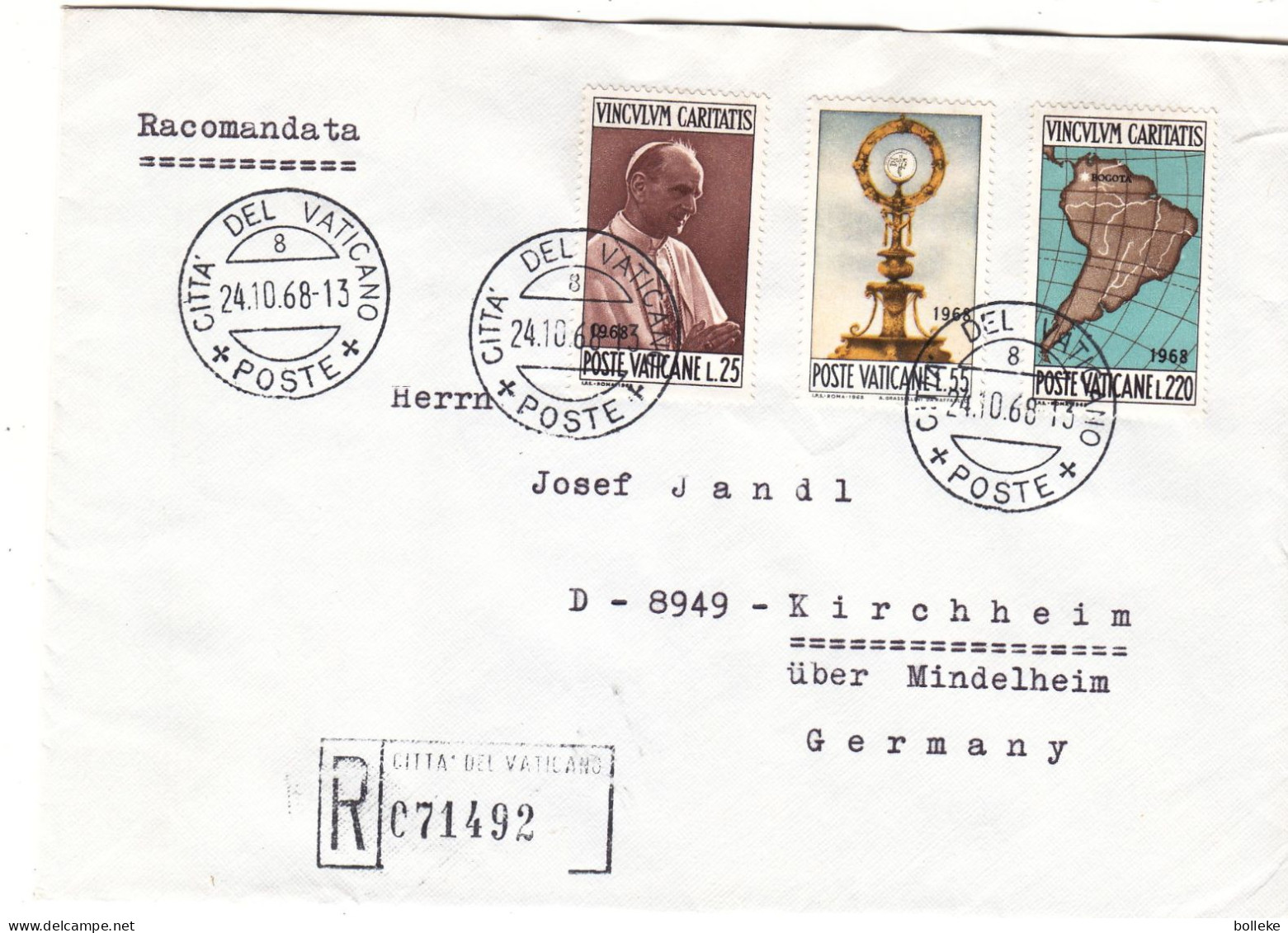 Vatican - Lettre Recom De 1968 - Oblit Citta Del Vaticano - Papes - - Covers & Documents