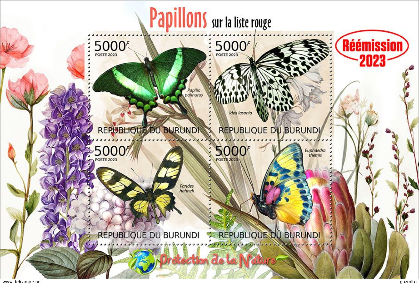 Burundi 2023, Animals, Butterflies I, Re-issued, 4val In Block - Ongebruikt