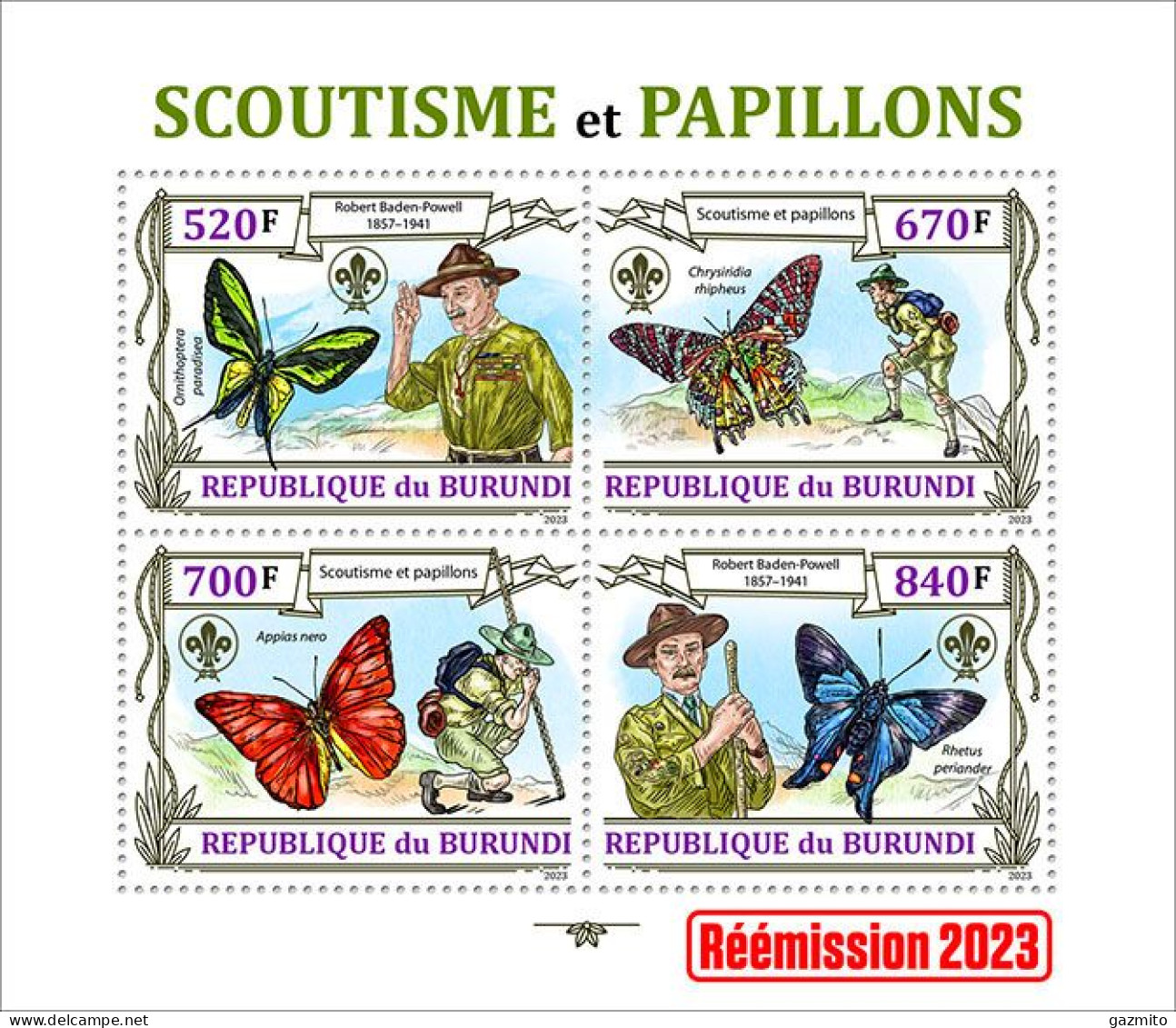 Burundi 2023, Animals, Butterflies II, Scout, Re-issued, 4val In Block - Nuovi