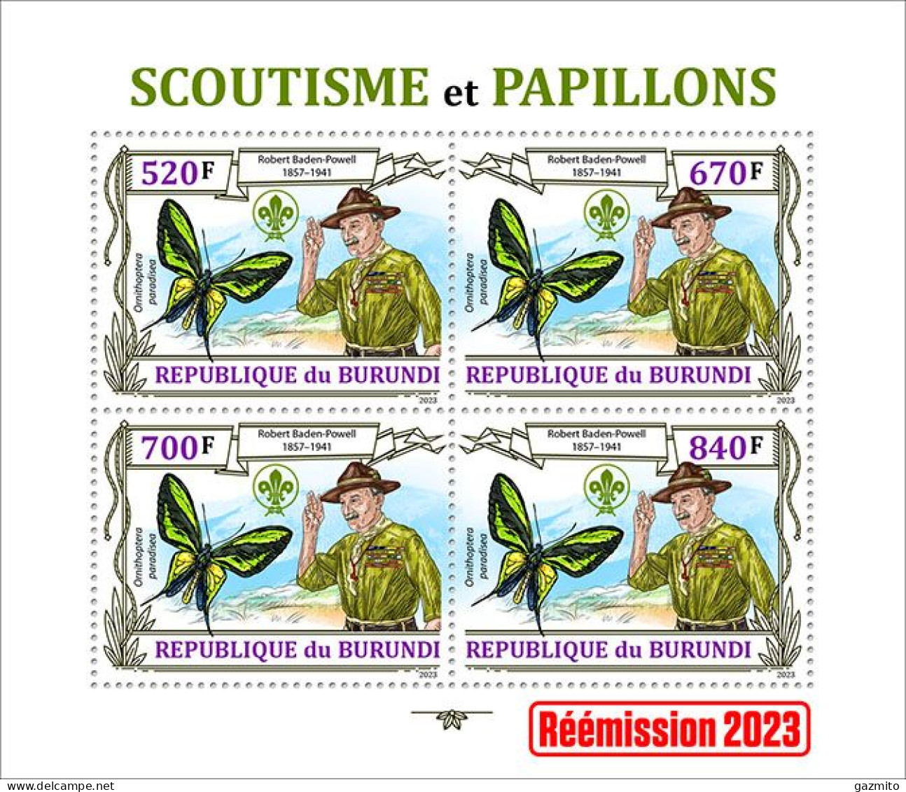 Burundi 2023, Animals, Butterflies II, Scout, Re-issued, Sheetlet1 - Unused Stamps