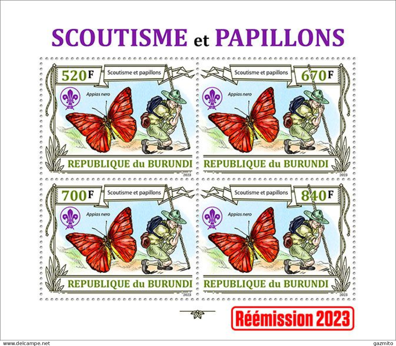 Burundi 2023, Animals, Butterflies II, Scout, Re-issued, Sheetlet3 - Unused Stamps