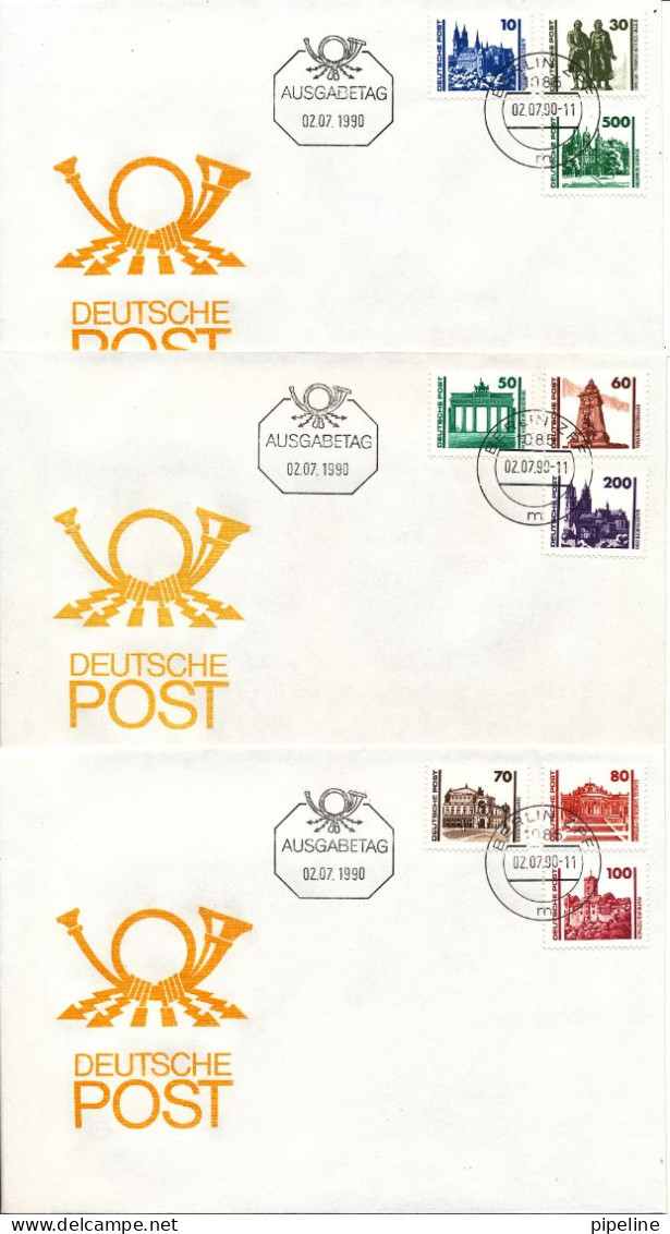 Germany DDR FDC 2-7-1990 Complete Set Of 9 On 3 Covers With Cachet - Autres & Non Classés