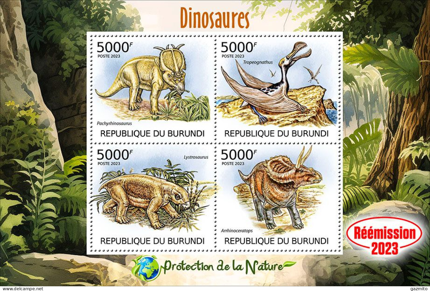 Burundi 2023, Animals, Dinosaurs I, Re-issued, 4val In Block - Unused Stamps