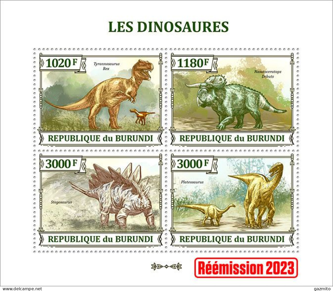 Burundi 2023, Animals, Dinosaurs II, Re-issued, 4val In Block - Ungebraucht