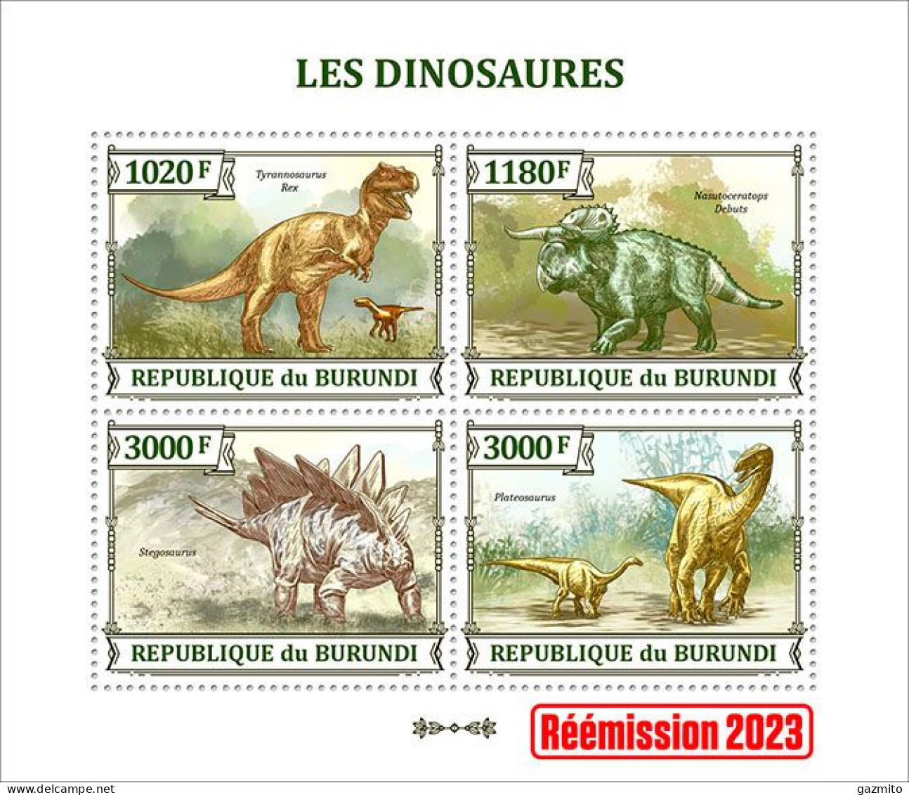 Burundi 2023, Animals, Dinosaurs II, Re-issued, 4val In Block - Unused Stamps
