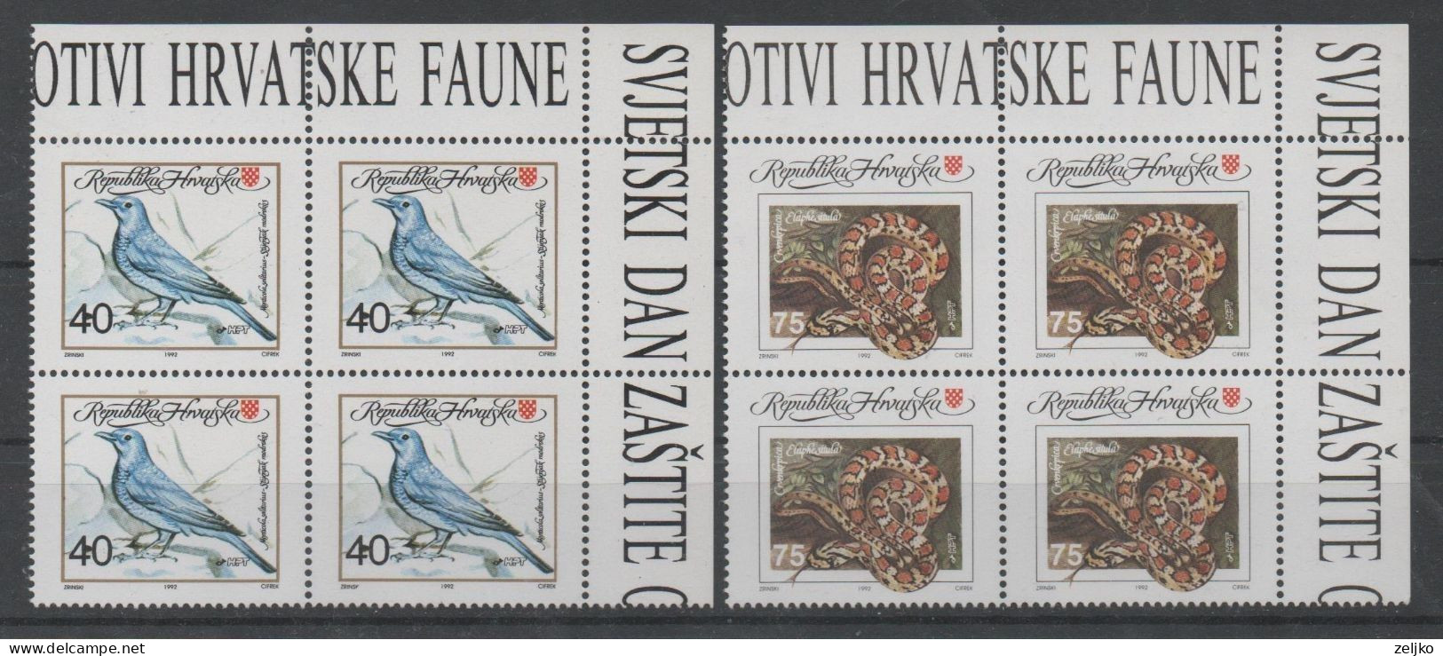 *** Croatia 1992, MNH, Michel 207 - 208, Fauna, Bird, Snake, World Environment Day, 2 Blocks Of 4 Stamps - Croatia