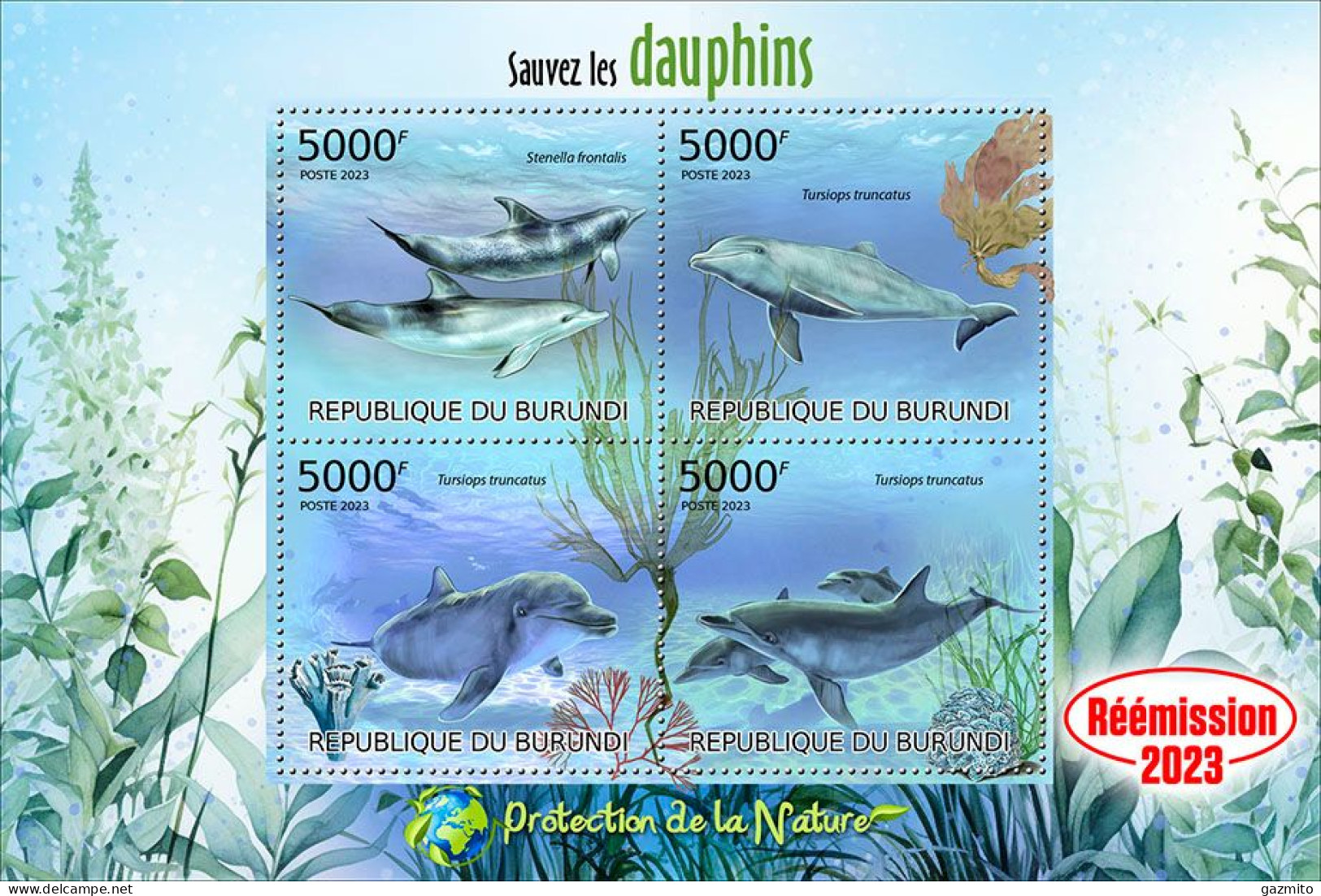 Burundi 2023, Animals, Dolphins I, Re-issued, 4val In Block - Unused Stamps