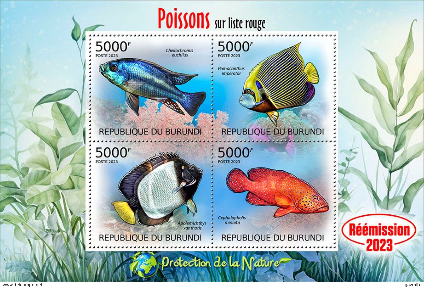 Burundi 2023, Animals, Fishes I, Re-issued, 4val In Block - Ungebraucht