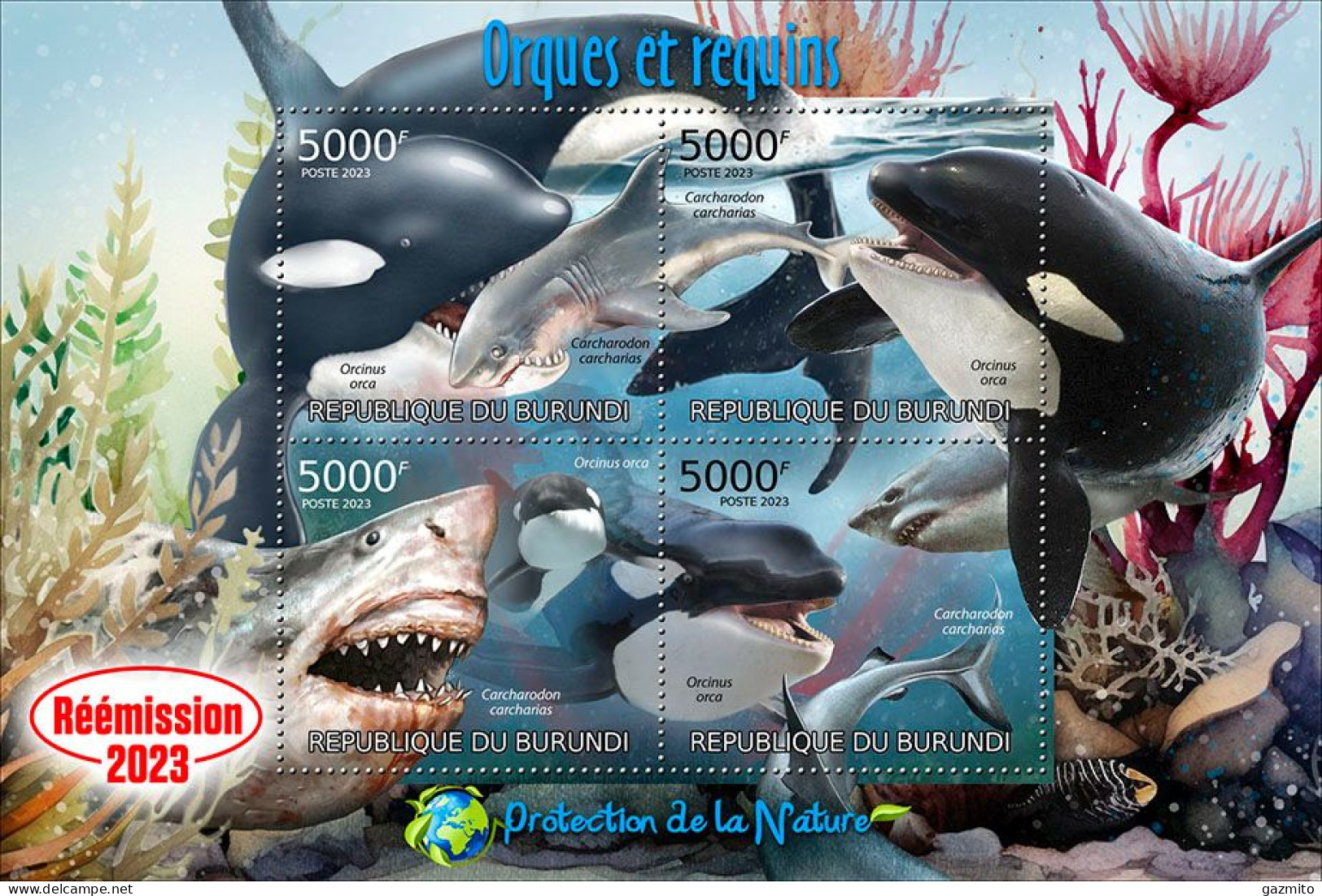 Burundi 2023, Animals, Orcas And Sharks, Re-issued, 4val In Block - Ongebruikt