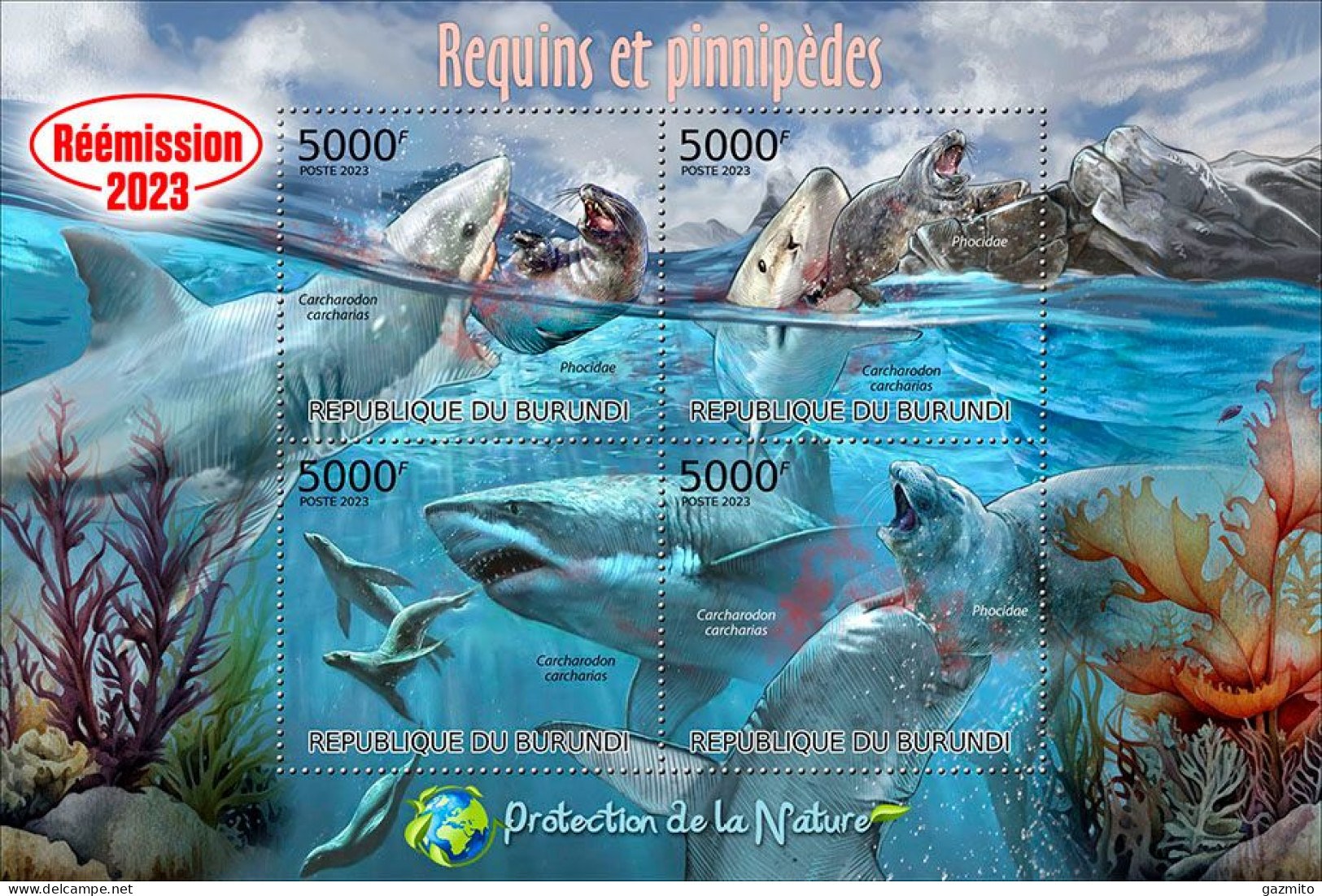 Burundi 2023, Animals, Sharks And Pinnipeds, Re-issued, 4val In Block - Unused Stamps