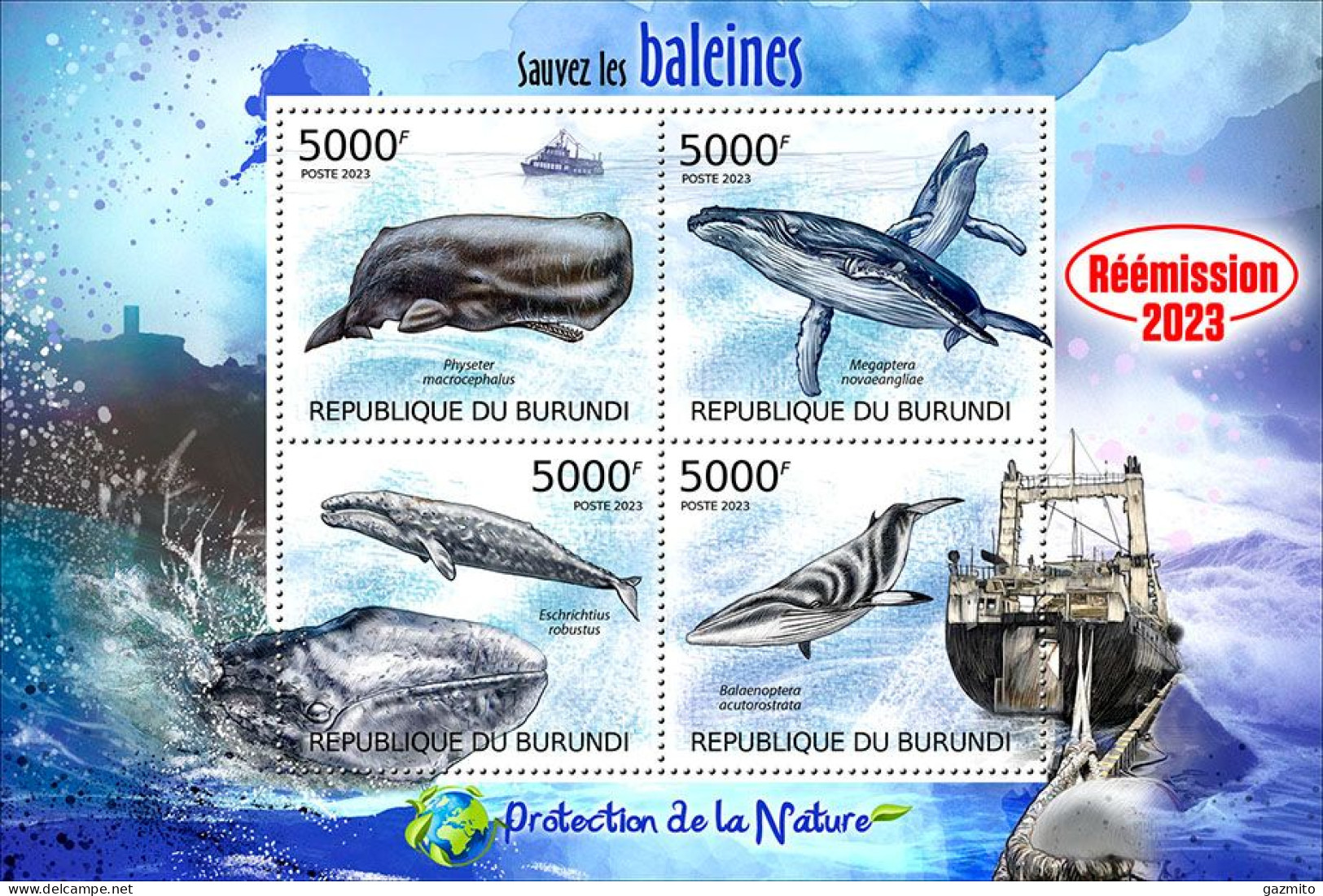Burundi 2023, Animals, Whales, Re-issued, 4val In Block - Ongebruikt