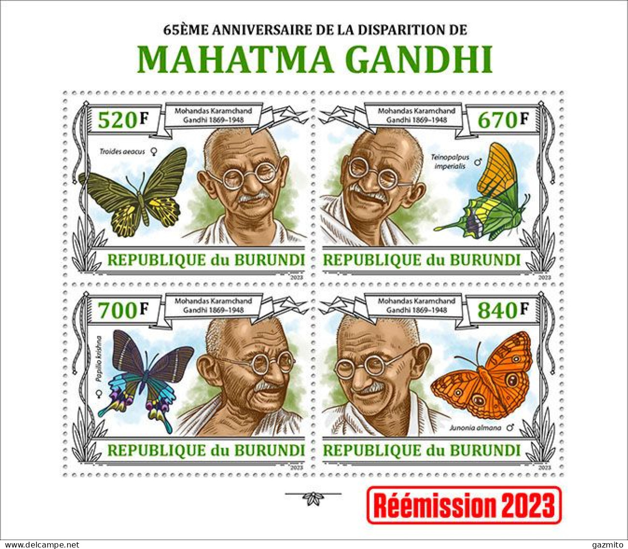 Burundi 2023, Gandhi And Butterfly, 4val In Block - Ongebruikt